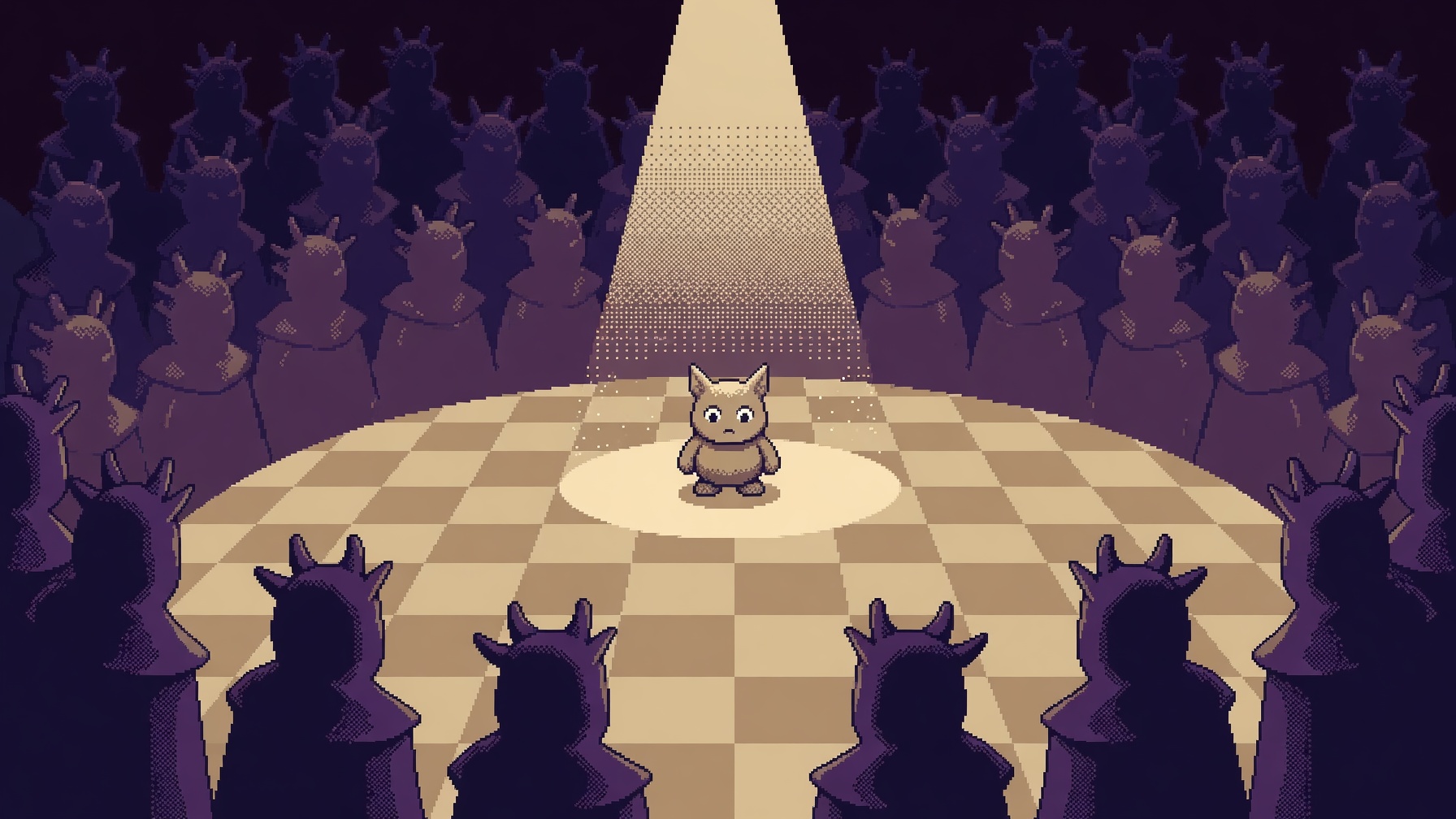 Tiny Mogbert alone under a spotlight on stage, surrounded by silhouettes of the crowd